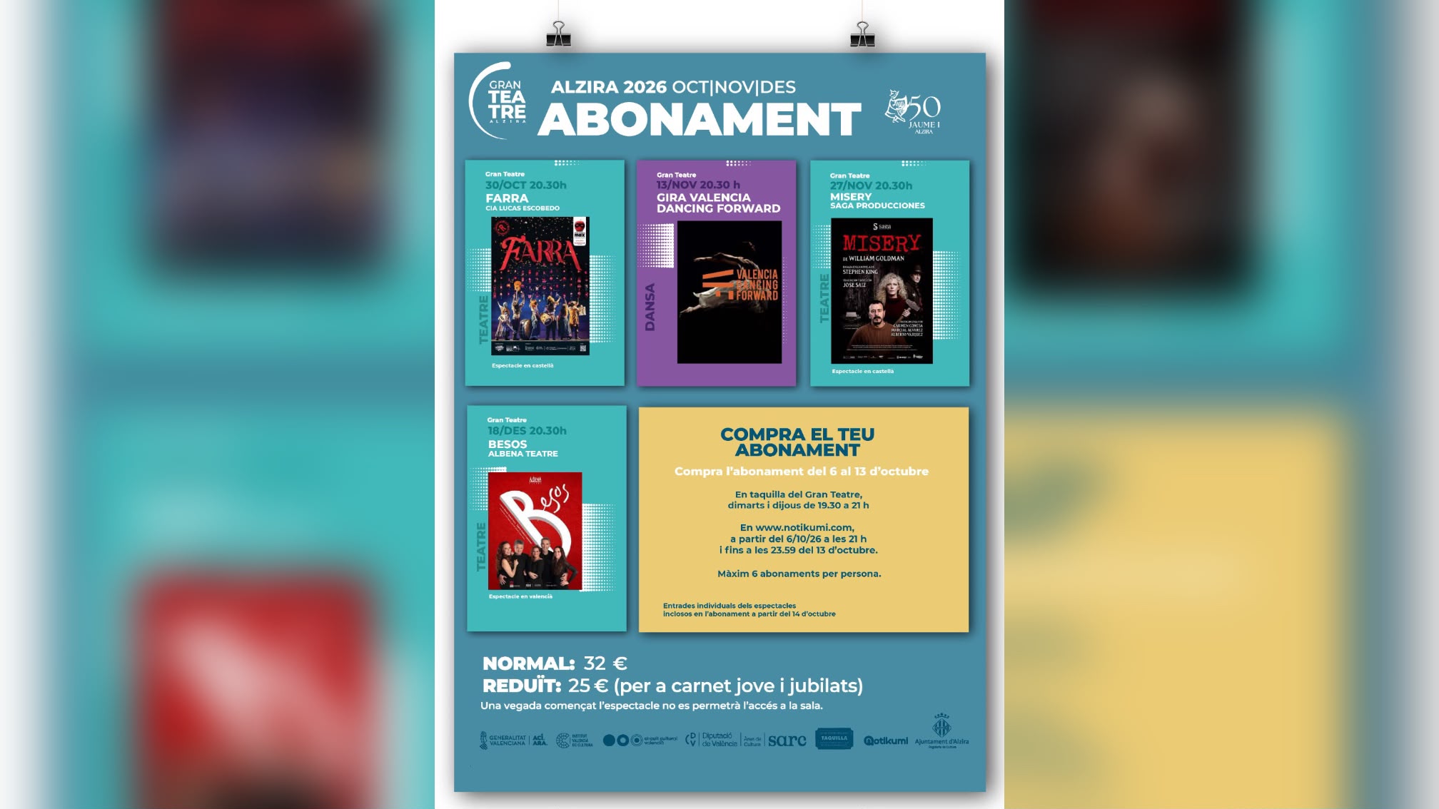 El Gran Teatre d’Alzira posa a la venda el 6 d’octubre l’abonament de tardor amb quatre espectacles per 32 euros i 25 euros per a joves i jubilats
