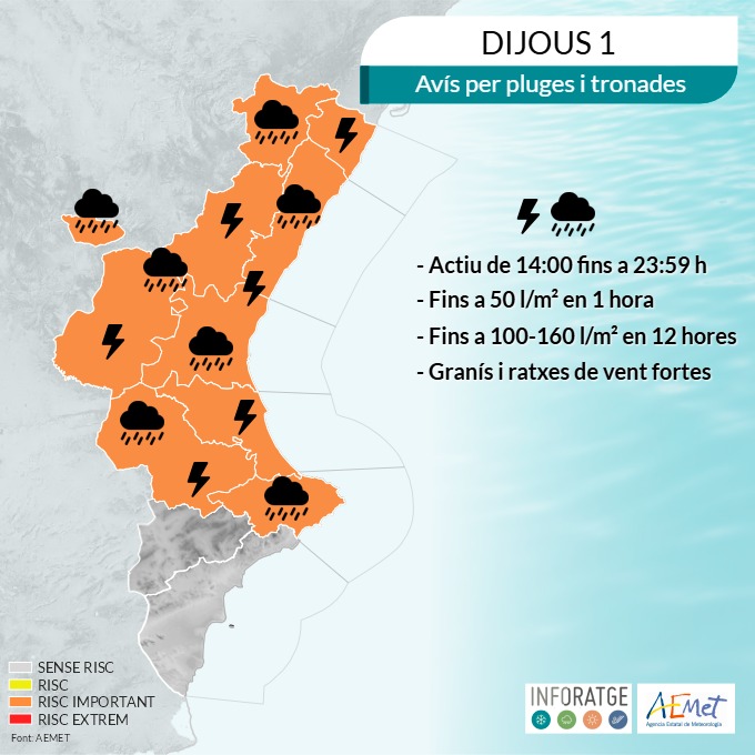 L’AEMET decreta alerta taronja per pluges i groga per tempestes a partir de demà a tota la província de València