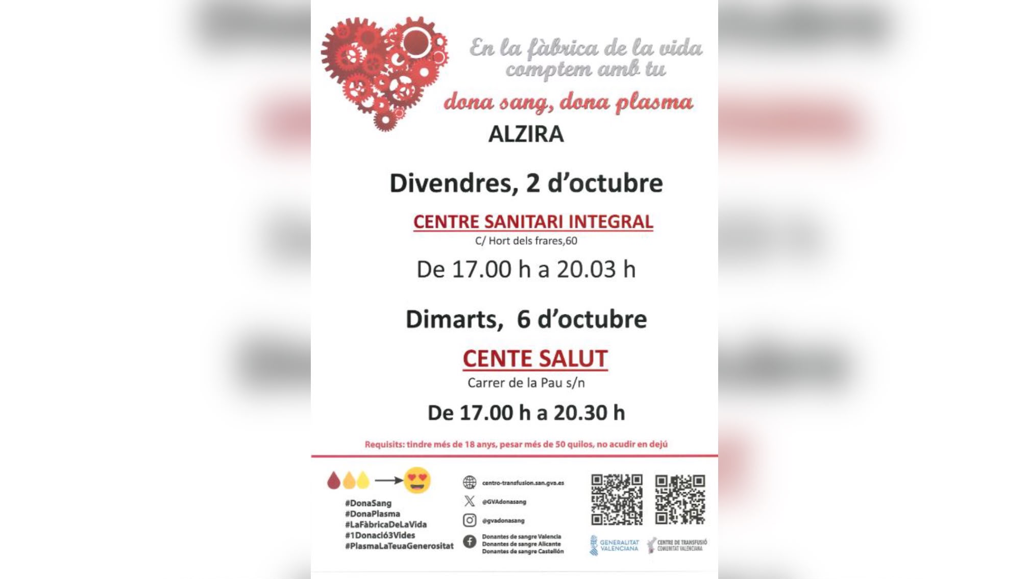 Alzira acull dos noves jornades de donació de sang al Centre Sanitari Integral i al Centre de Salut