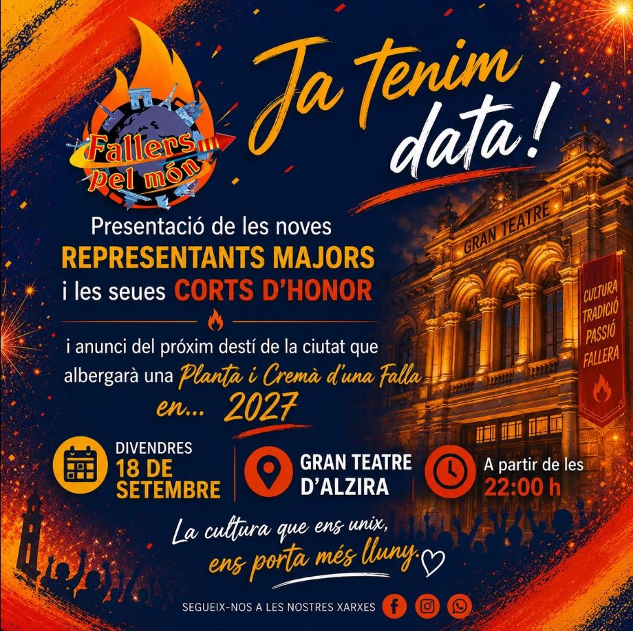 Fallers pel Món presentarà demà al Gran Teatre les Representants Majors 2027 i anunciarà la ciutat de la Plantà i Cremà de l’any que ve