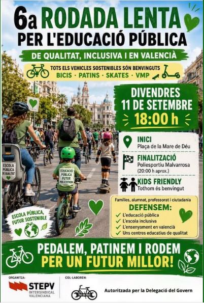 Els sindicats convoquen una marxa lenta en bicicleta i una manifestació per reclamar millores en l’educació pública