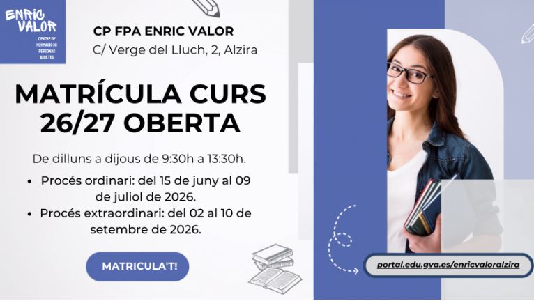 L’Escola d’Adults Enric Valor obri la matrícula extraordinària per al nou curs amb una oferta formativa que inclou estudis reglats i cursos de temps lliure