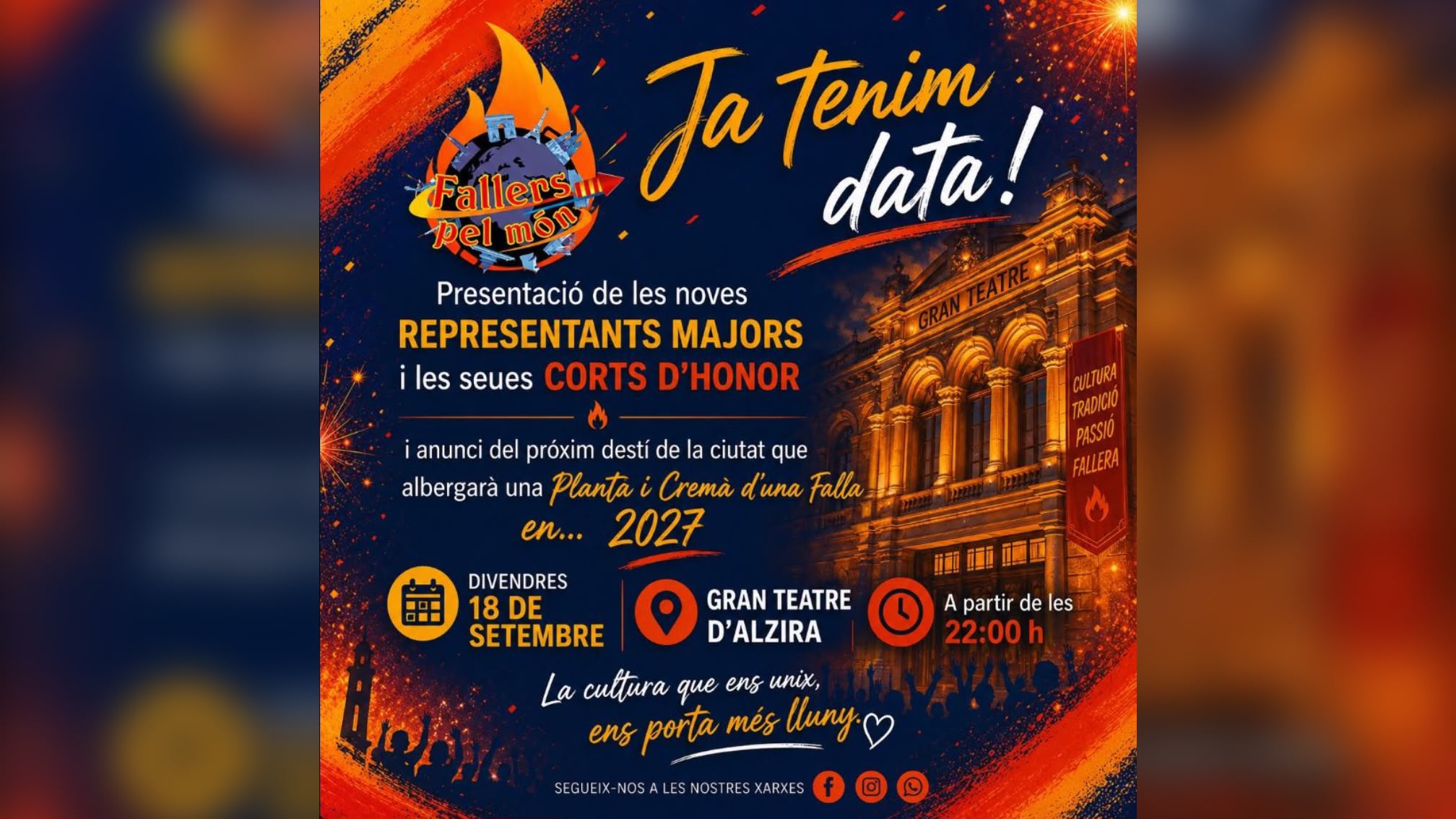 Fallers pel Món presentarà demà al Gran Teatre les Representants Majors 2027 i anunciarà la ciutat de la Plantà i Cremà de l’any que ve