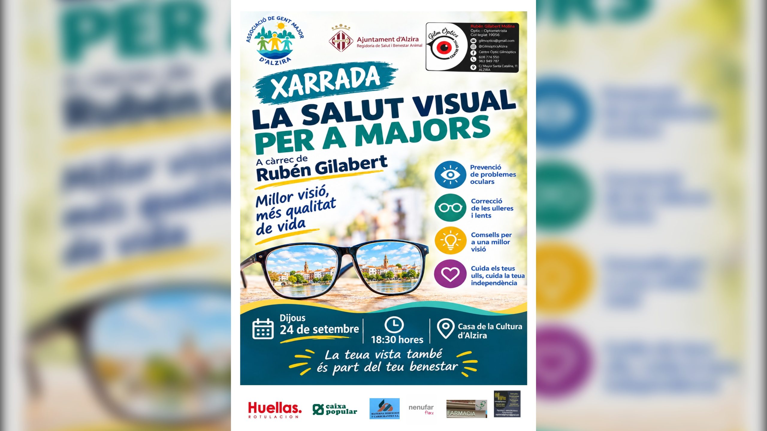 L’Associació de Gent Major organitza esta vesprada una conferència sobre salut visual i cura de la visió a la Casa de la Cultura