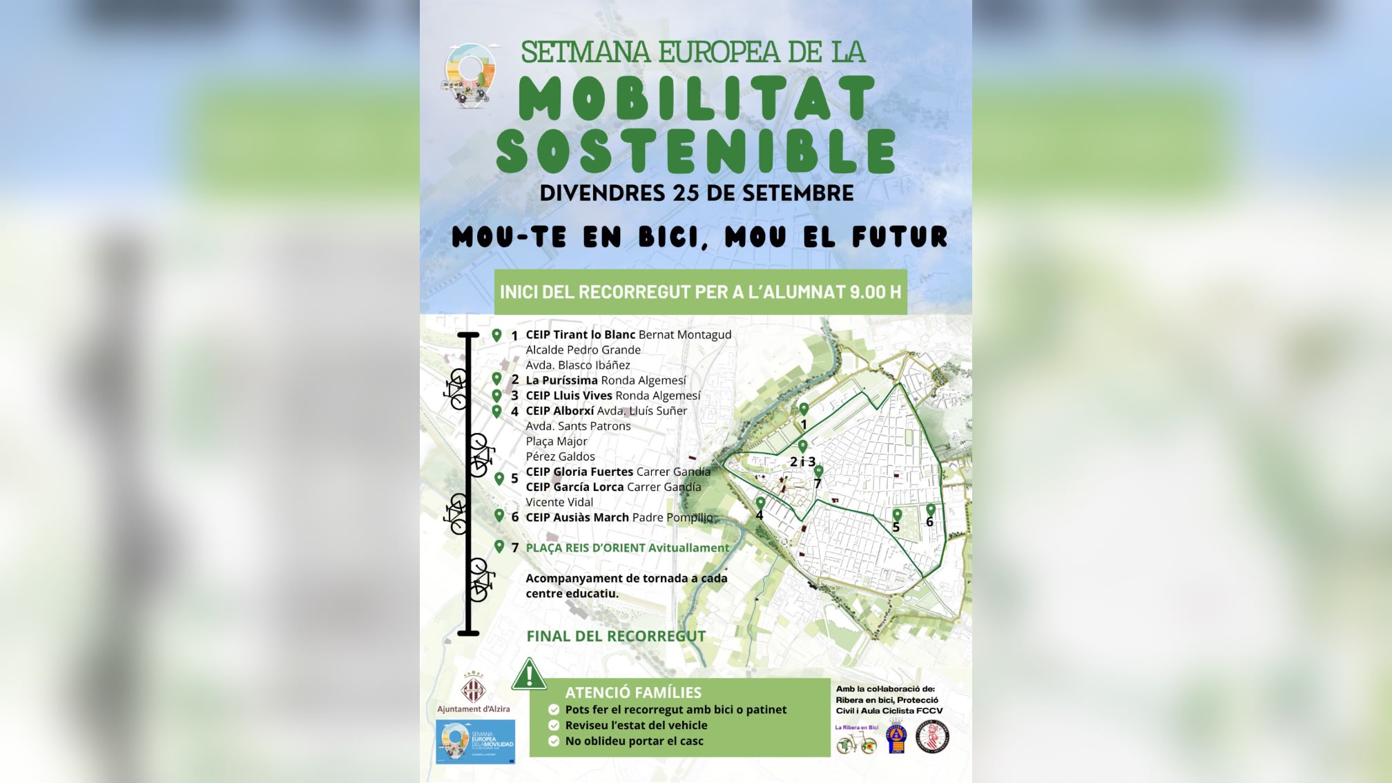 Alzira celebra este divendres una ruta escolar en bicicleta i monopatí per fomentar la mobilitat sostenible