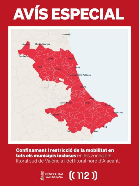 La Generalitat decreta el confinament d’Alzira i de desenes de municipis valencians per les pluges fins a nou avís