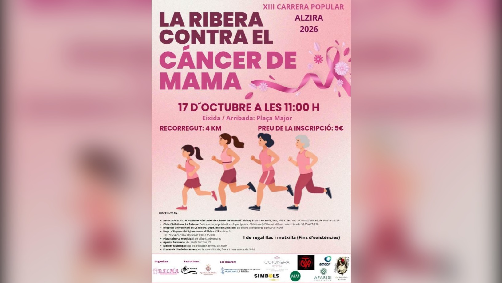 Alzira celebra demà la XIII Carrera contra el Càncer de Mama, una cita solidària que cada any reunix al voltant de 1.500 participants