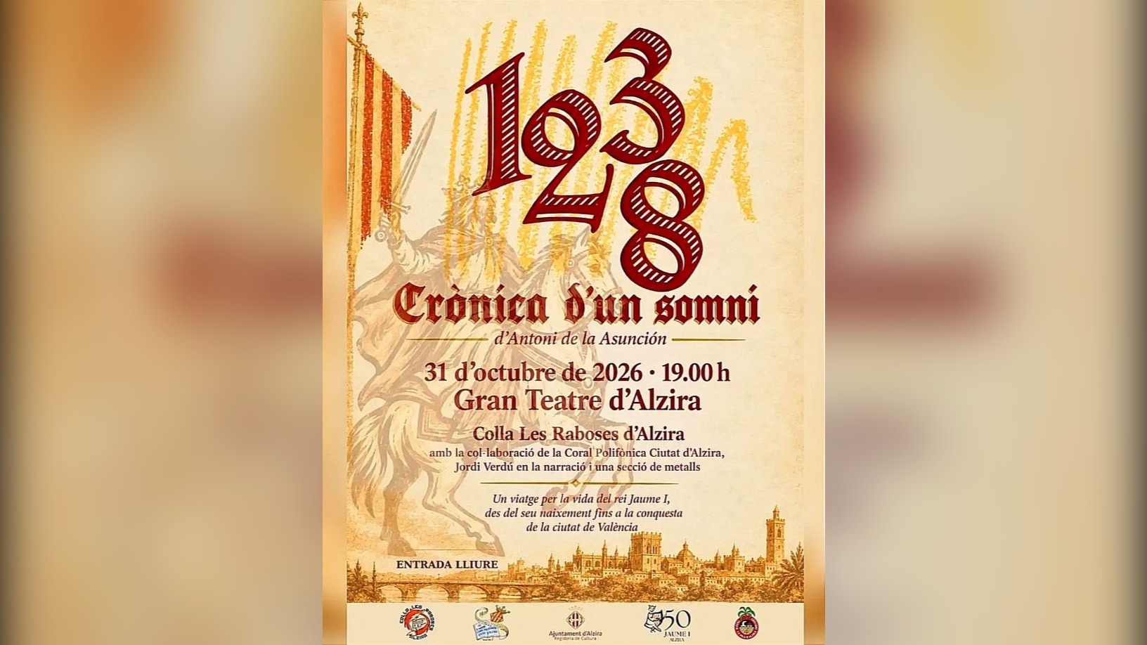 La Colla de Raboses d’Alzira repassarà la vida de Jaume I este dissabte al Gran Teatre amb l’obra ‘1238. Crònica d’un Somni’