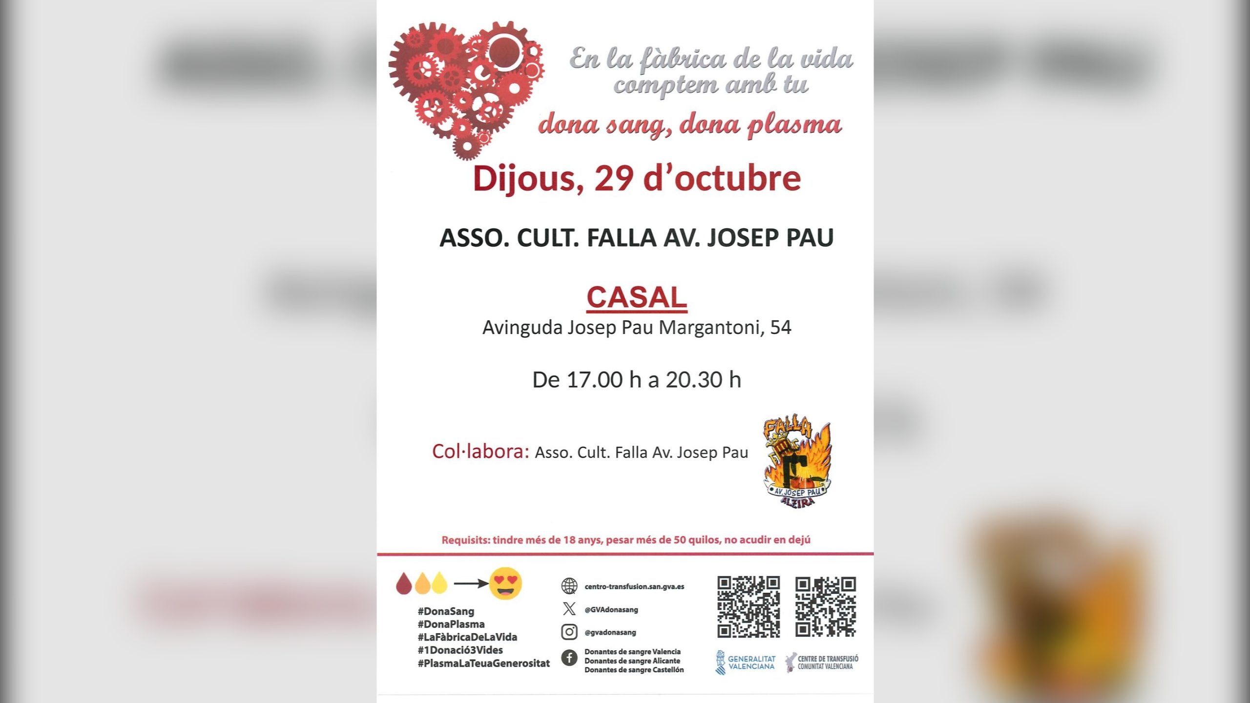 Alzira acull este dijous una nova jornada de donació de sang al casal de la falla Avinguda Josep Pau