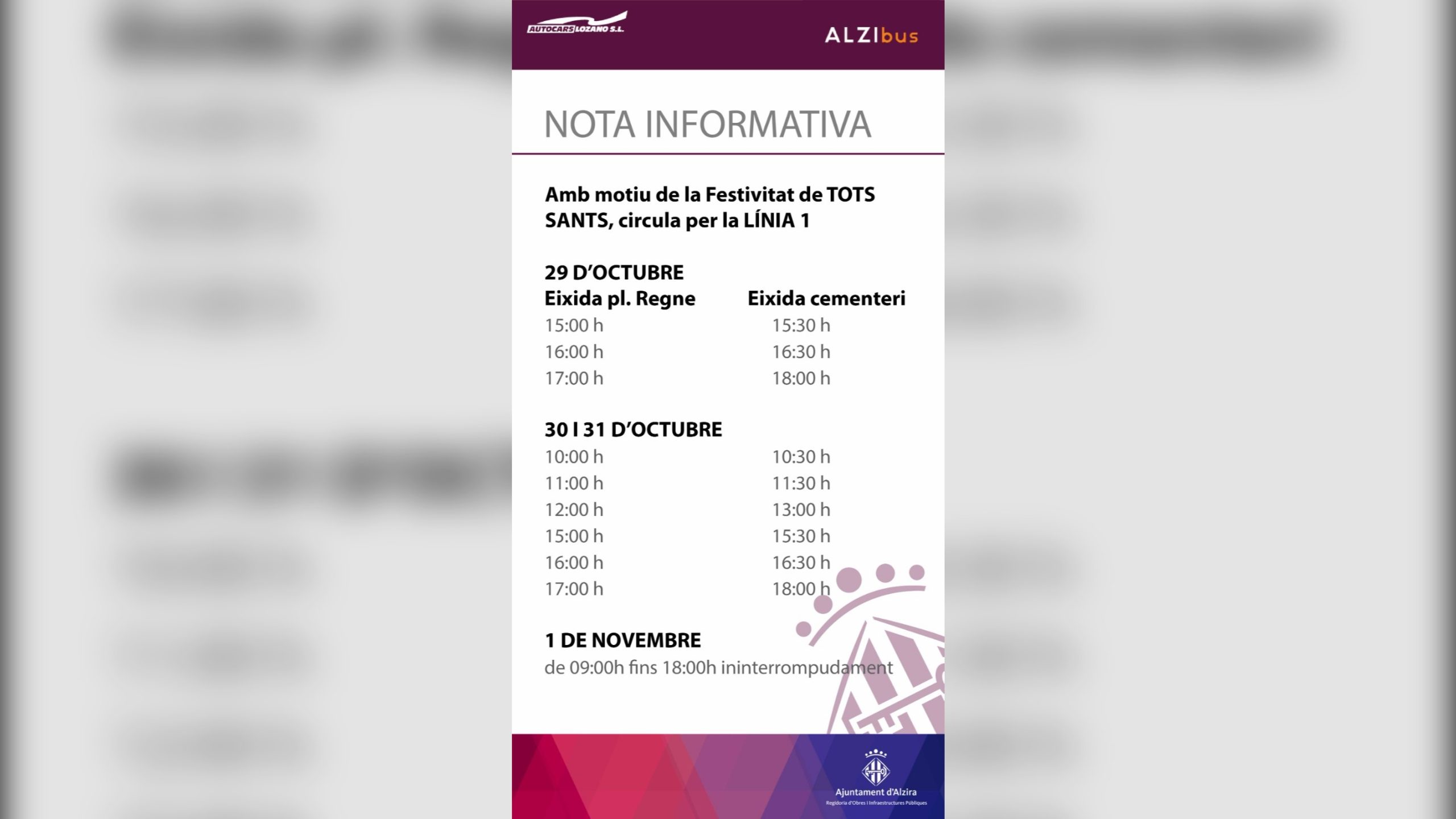 Alzira reforça el servei d’autobús al cementeri municipal durant el cap de setmana de Tots Sants