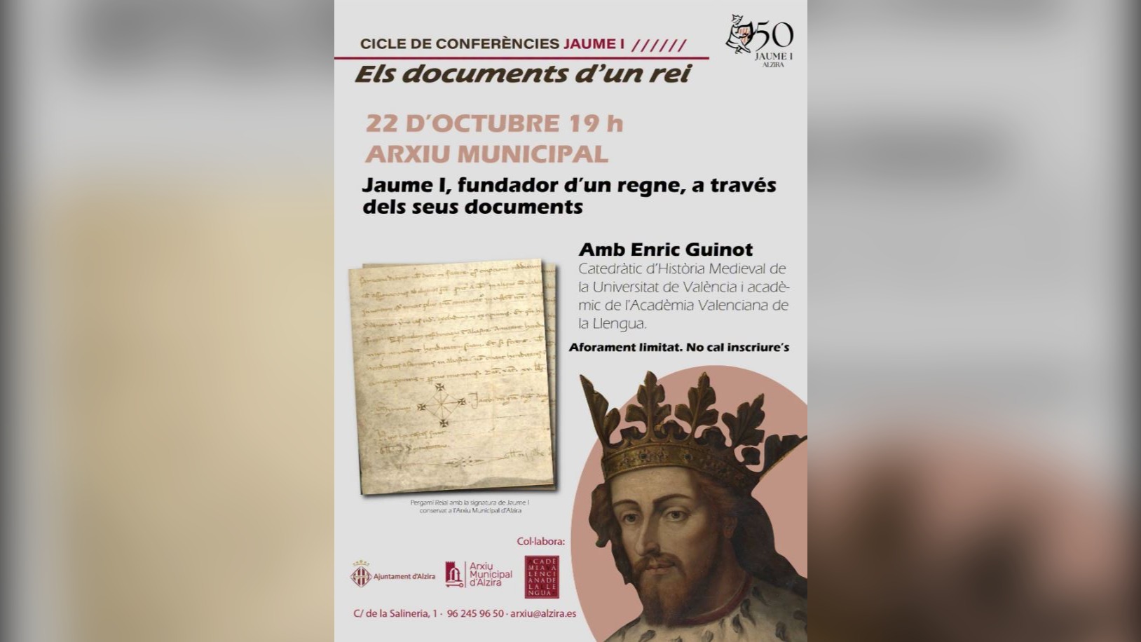 L’Arxiu Municipal d’Alzira acull la conferència ‘Jaume I, fundador d’un regne’ a càrrec de l’historiador Enric Guinot