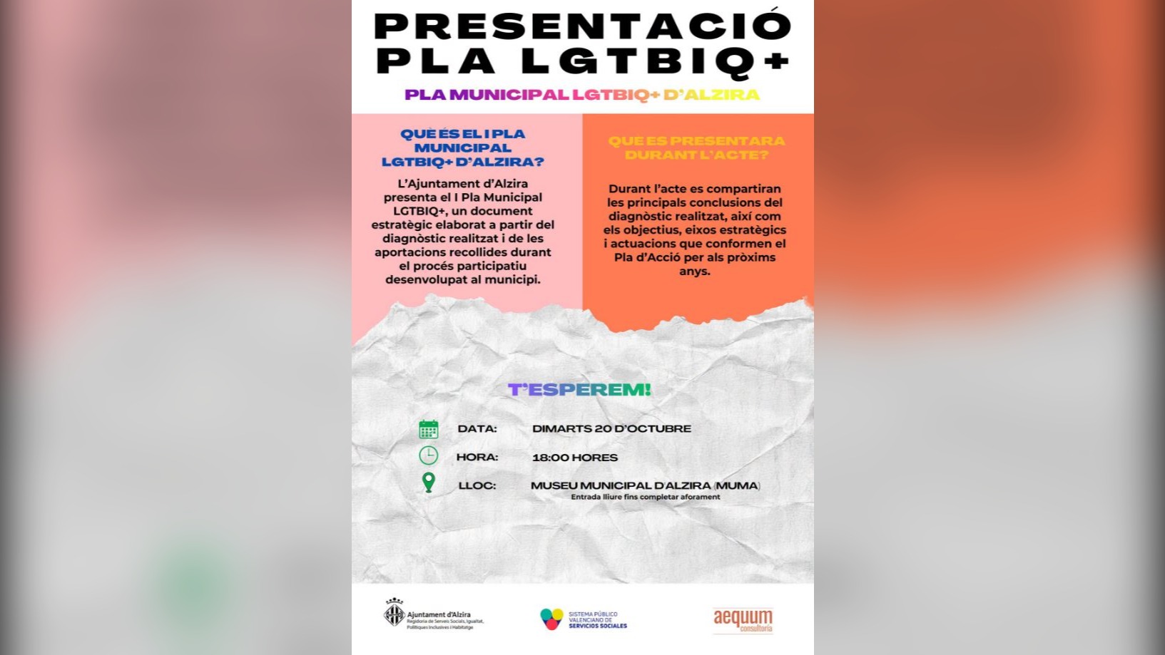 L’Ajuntament d’Alzira presenta esta vesprada el I Pla Municipal LGTBIQ+ amb els objectius i actuacions per als pròxims anys