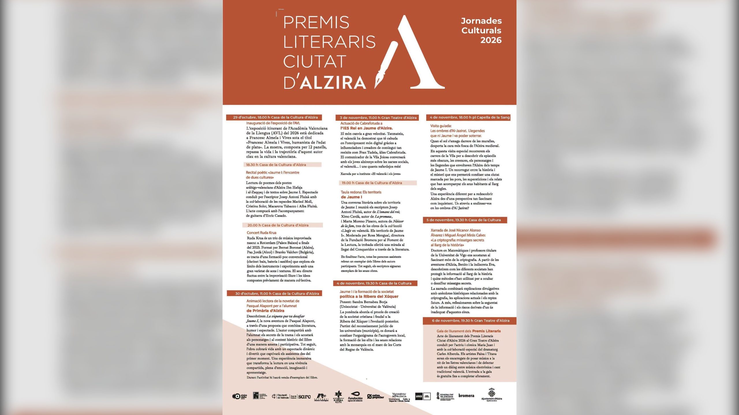 Les Jornades Culturals d’Alzira 2026 comencen esta vesprada amb una exposició de l’AVL, poesia i música en directe