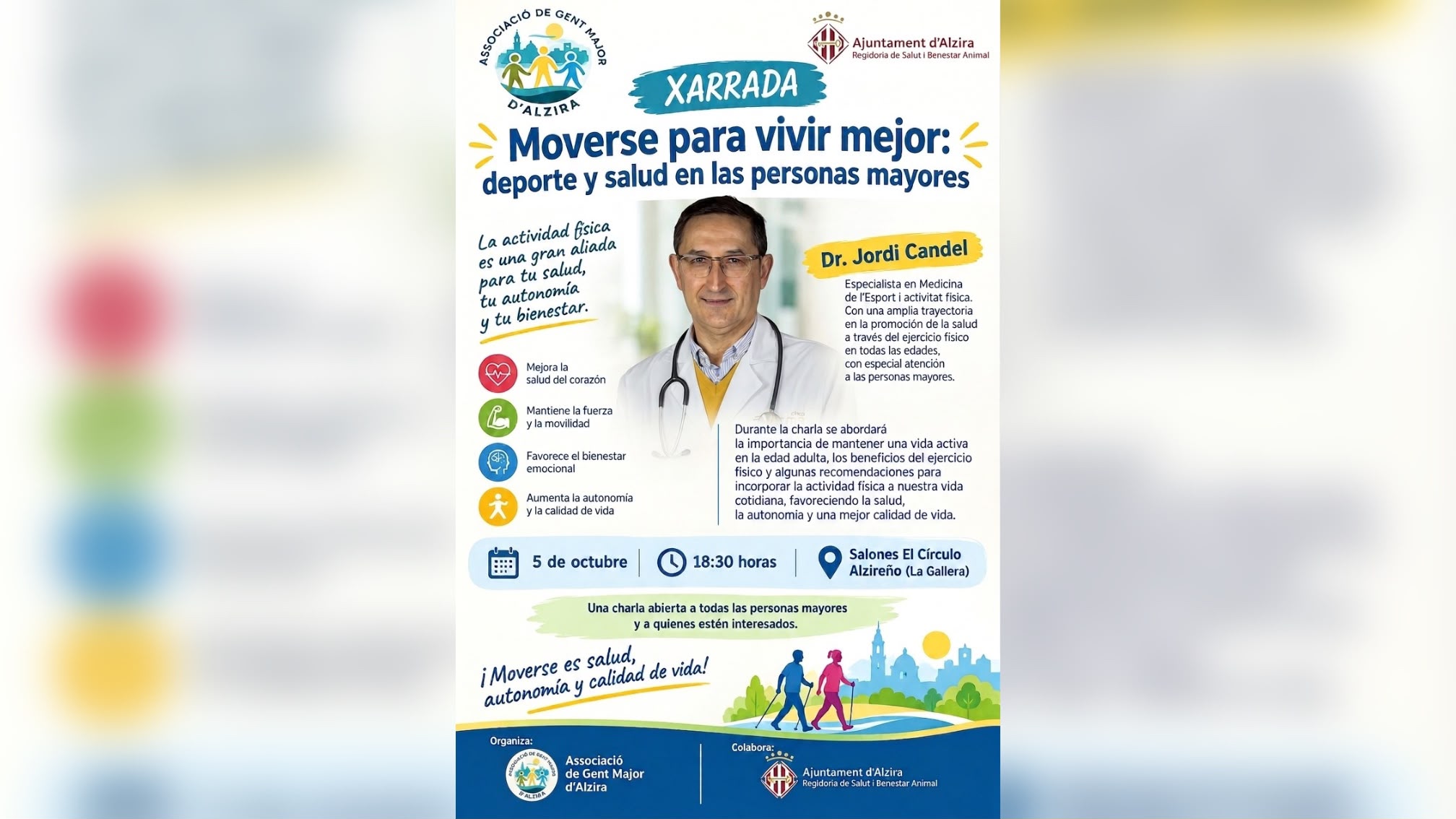 L’Associació de Gent Major d’Alzira organitza una xarrada sobre esport i salut esta vesprada a les 18:30h impartida pel doctor Jordi Candel